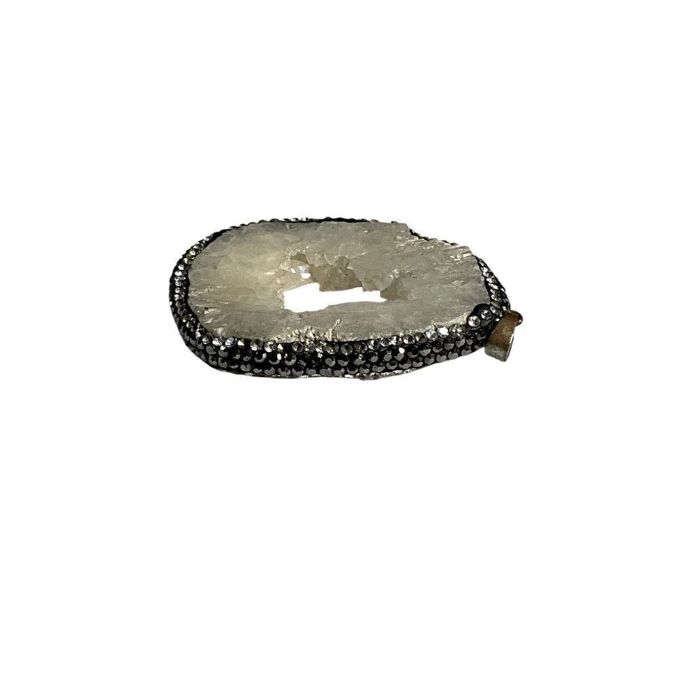 White Druzy Agate Geode Pendant CZ Rhinestone Pave - Picture 3 of 3